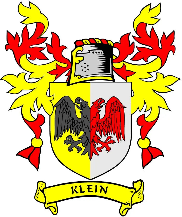 Klein coat of arms pinback with shield, red and yellow flames, and banner reading KLEIN