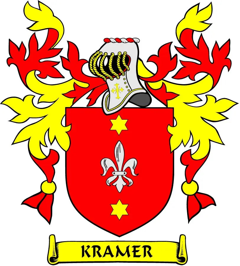 KRAMER coat of arms magnet: red shield with fleur-de-lis, gold crosses, yellow and red arms