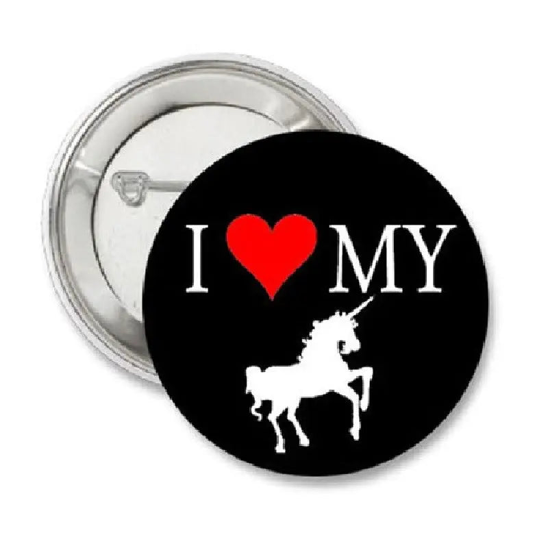 Unicorn pinback button, black face with red heart and white "I ♥ MY" text