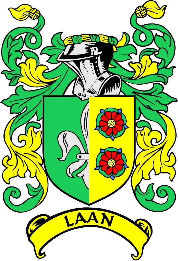 Family crest coat arms magnet with green-yellow shield, black helmet, and LAAN banner