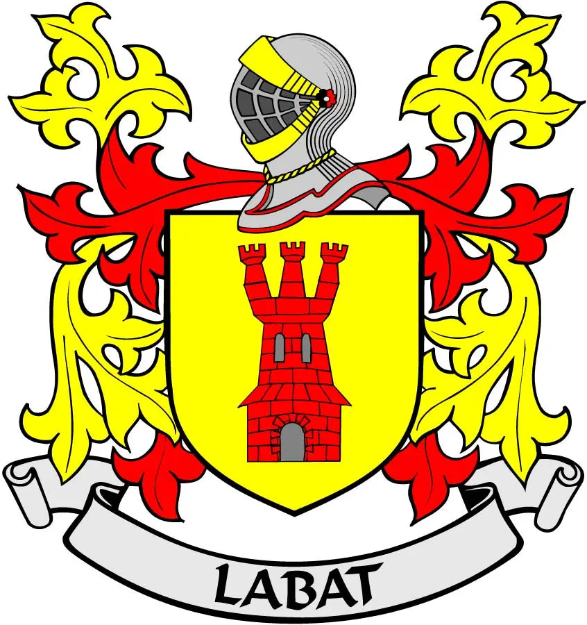 3-inch Labat family crest magnet with shield, helmet, and banner reading LABAT