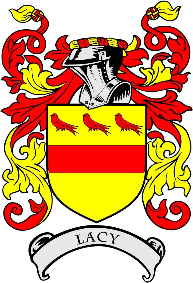 Lacy family crest arms magnet with shield, helmet, red/yellow colors, and curved “LACY” banner