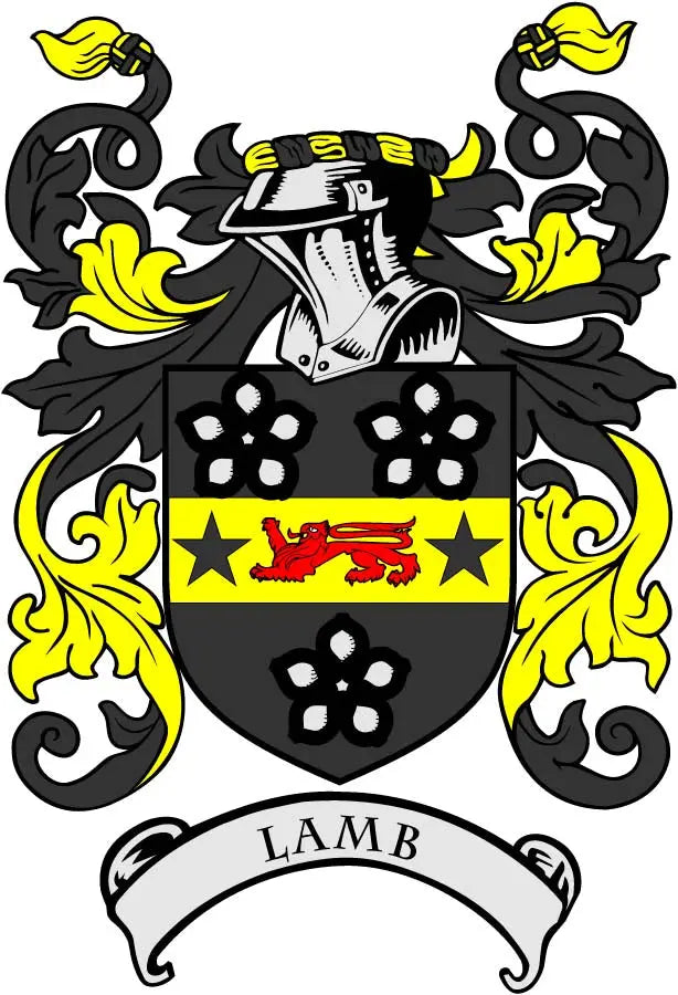 Lamb crest coat arms magnet: black shield, yellow details, white 'LAMB' banner.