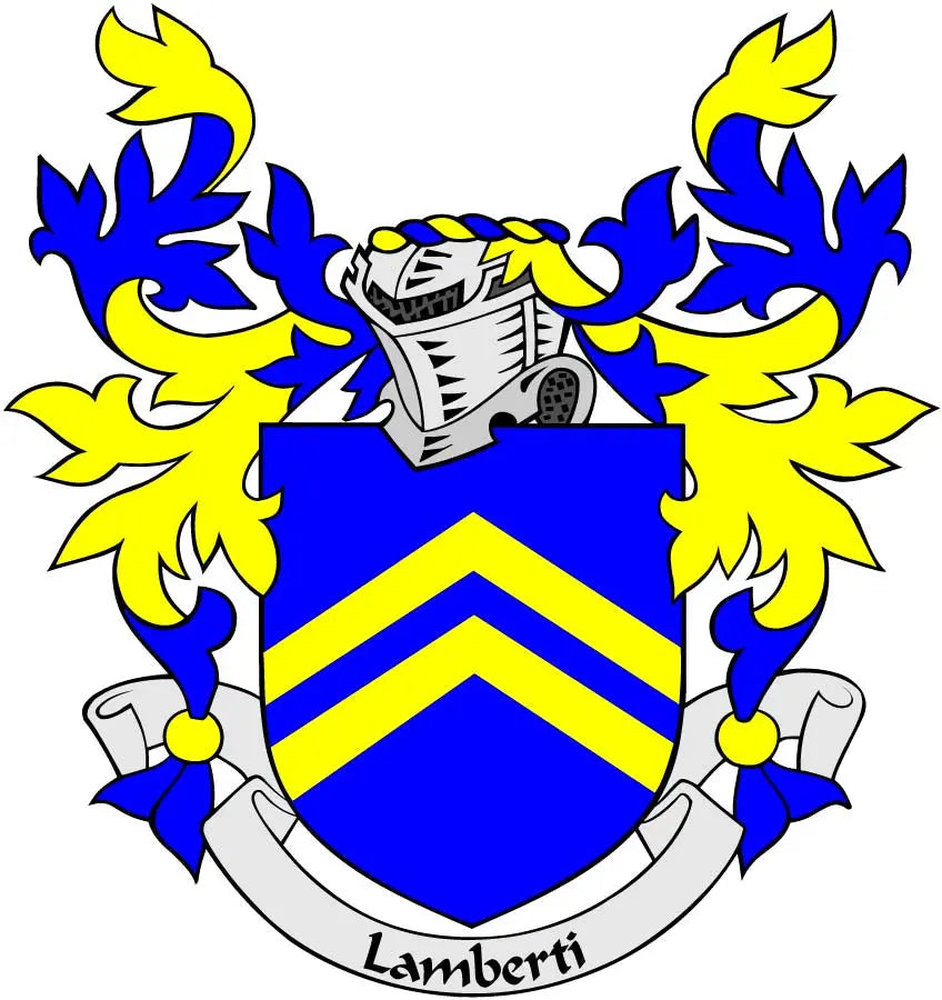 Lamberti family crest coat arms magnet with blue and yellow shield and helmet