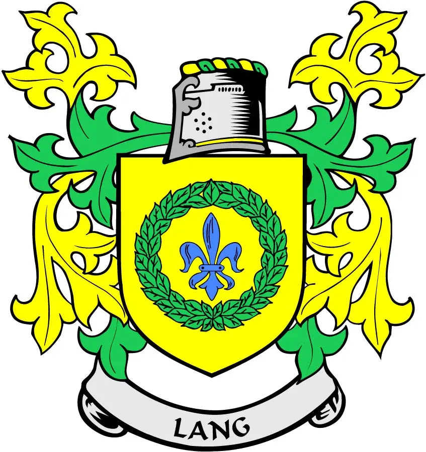 Lang coat of arms crest magnet with yellow shield, green vines, blue fleur-de-lis, LANG banner