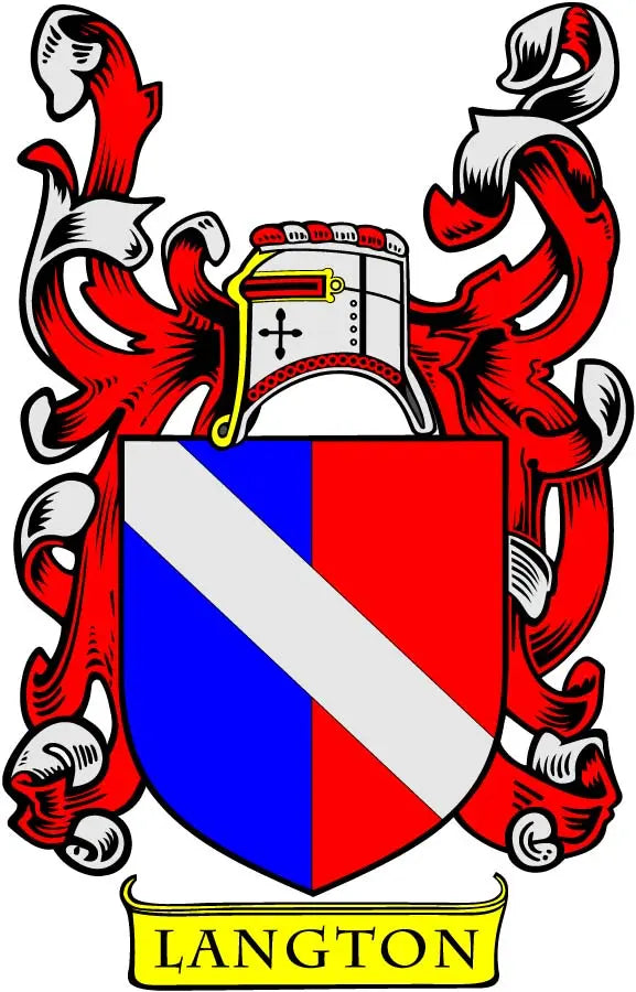 Langton family crest coat of arms magnet with red, blue shield and LANGTON banner