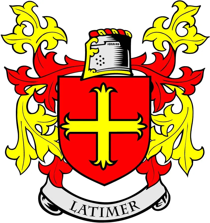 Latimer coat of arms pinback with red and gold shield and ribbon, crest details