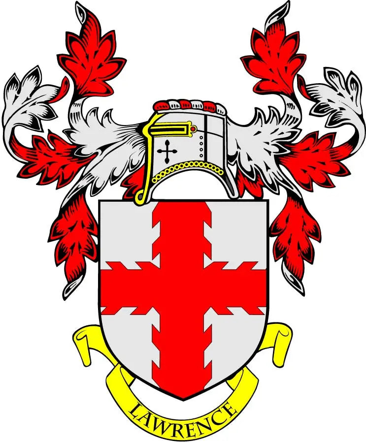 Lawrence family crest coat arms magnet, red white shield with yellow LAWRENCE ribbon.