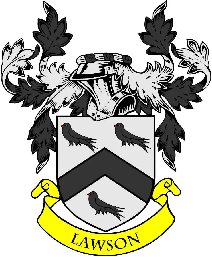 Lawson family crest coat of arms pinback with birds, black shield and yellow banner