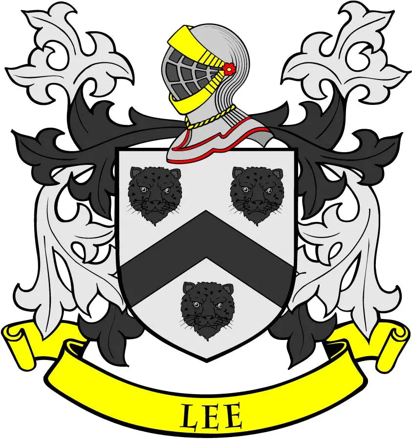 Enamel family crest pinback with shield, three black bear faces, and yellow ribbon 'LEE'.