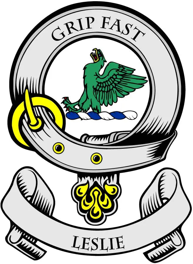 Leslie family crest coat arms magnet, 3-inch circular design with bird and “GRIP FAST” text