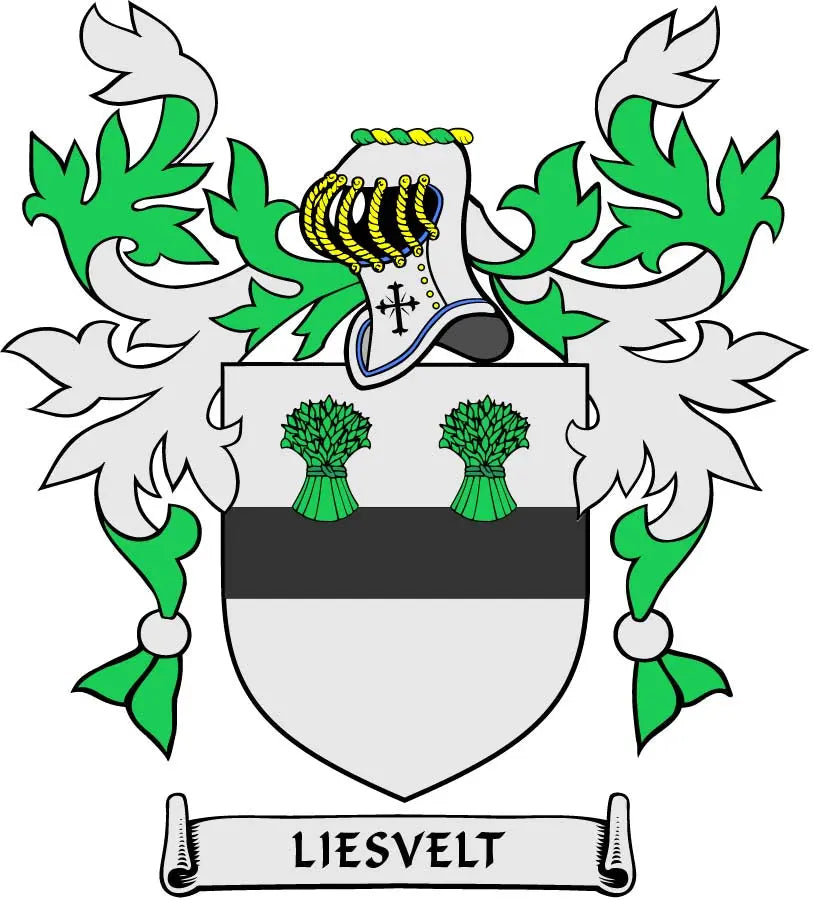 Family crest coat arms magnet with green leaf design and white shield, scroll banner
