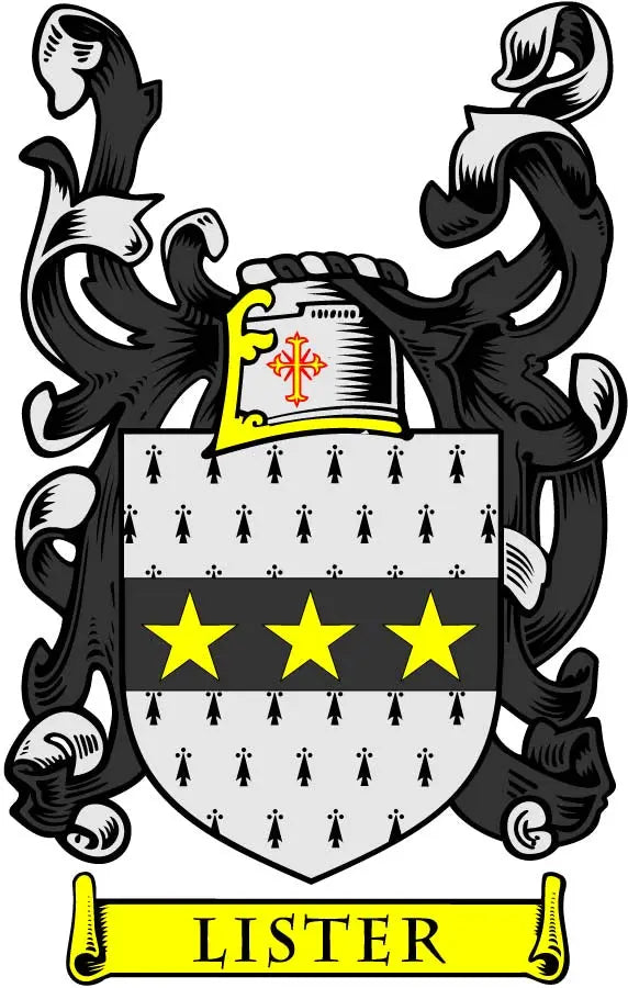 Lister family crest coat of arms magnet: black shield with three stars and people, yellow banner