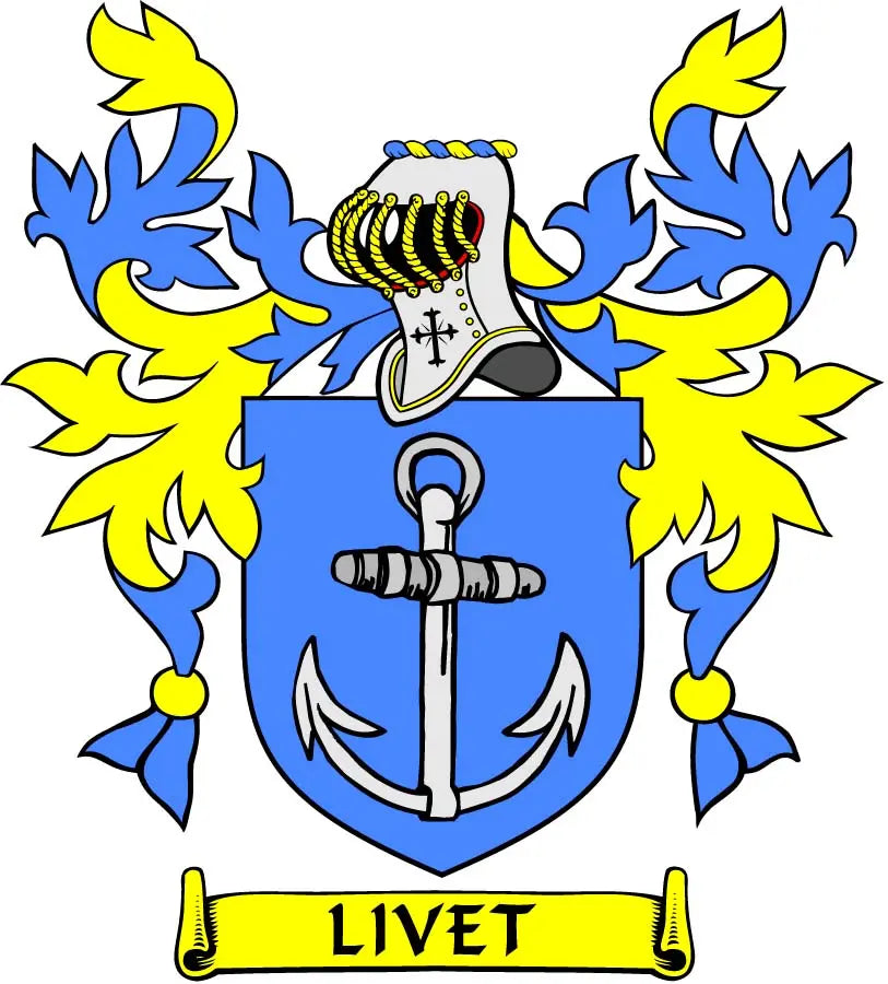 Family crest coat arms magnet with blue shield, anchor, yellow wings, and LIVET banner