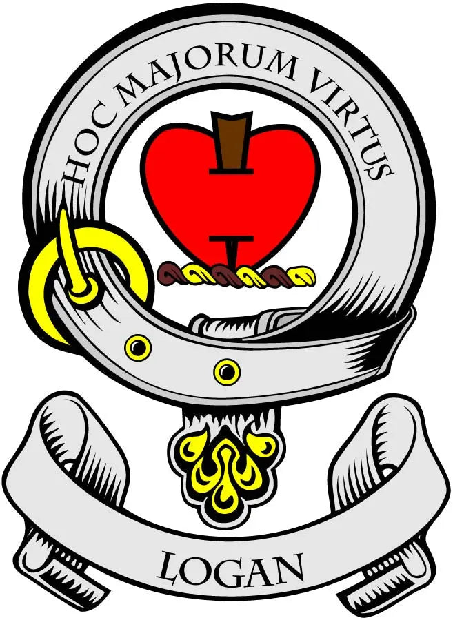Round family crest coat arms magnet with red heart and 'LOGAN' banner