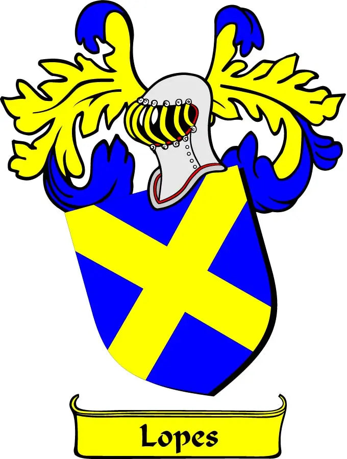 Lopes family crest coat of arms magnet, blue and yellow shield, Lopes banner