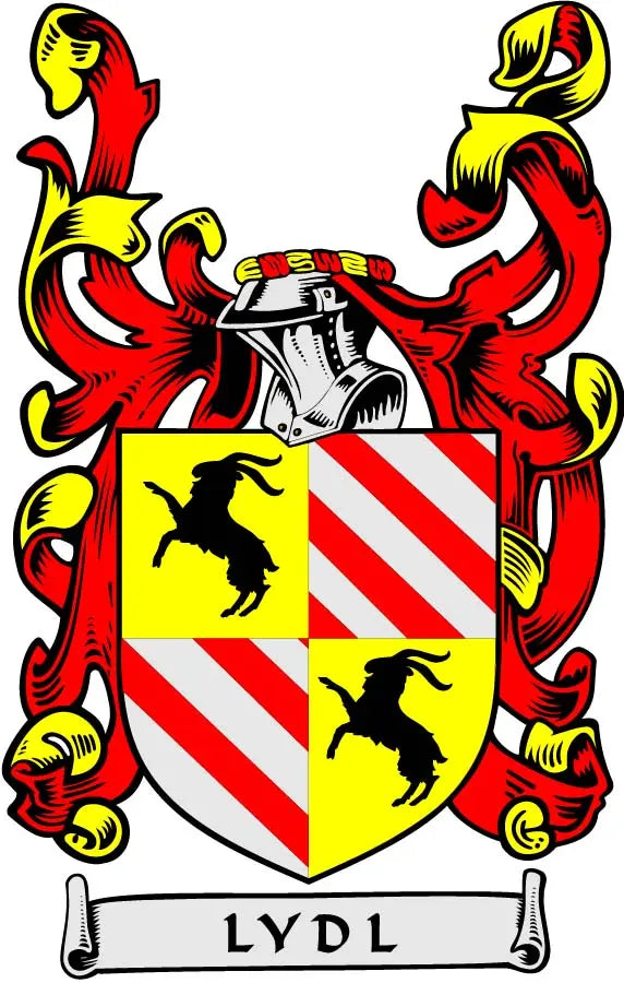Family crest arms coat arms magnet with shield, red/white stripes, black animals, “LYDL” banner