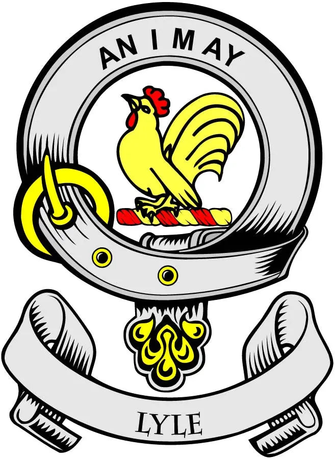 3-inch family crest coat arms magnet, circular rooster emblem with 'LYLE' text