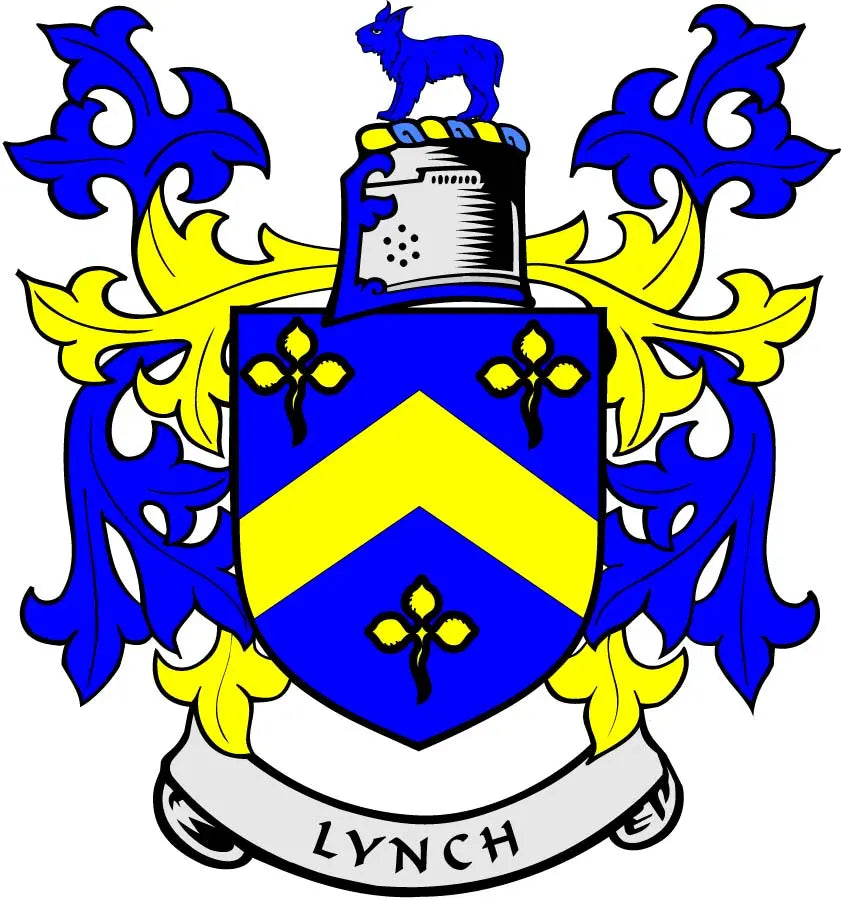 Lynch family crest arms magnet with blue-and-yellow shield and ornate blue lions