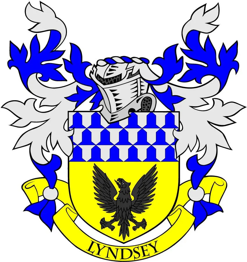 Family crest coat of arms magnet with blue and yellow shield and black eagle, LYNDSEY text