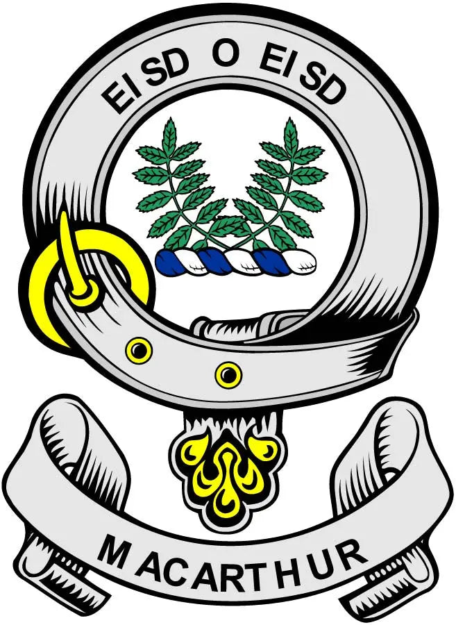 Round MacArthur family crest coat of arms magnet with helmet, laurel, and MACARTHUR text