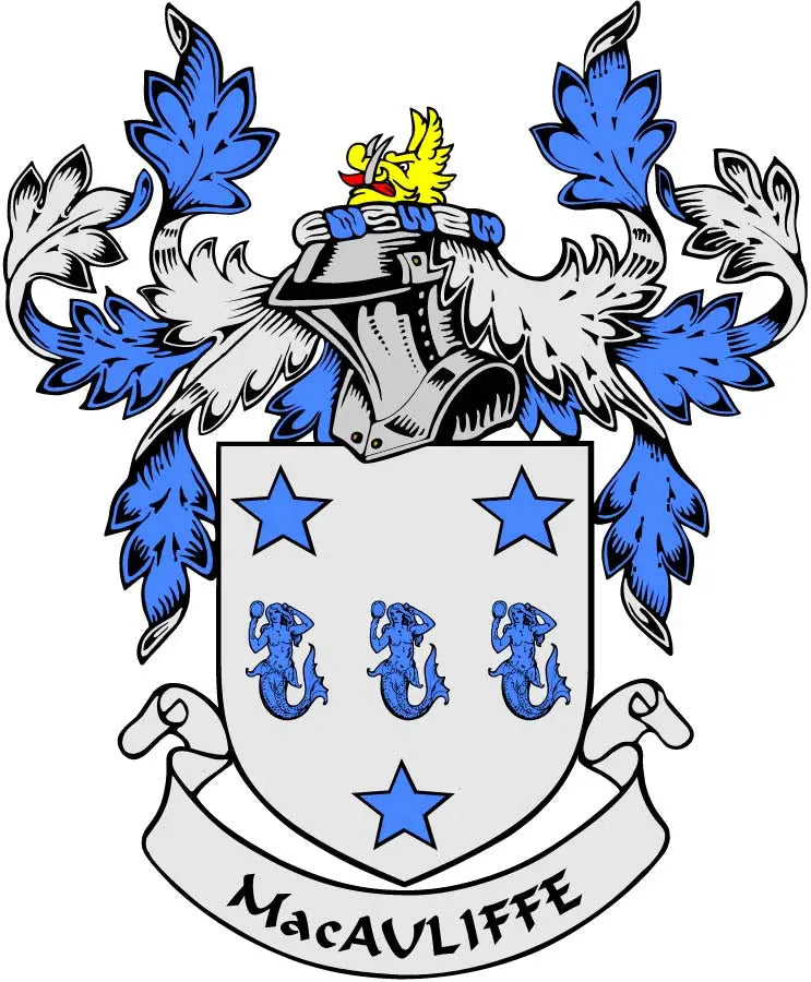 MacAuliffe coat of arms family crest magnet with blue stars and shield.