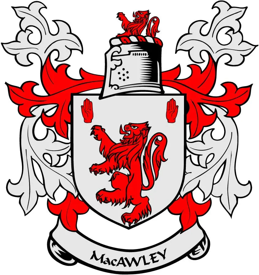 MacAwley coat of arms magnet with red lion on white shield and ribbon crest