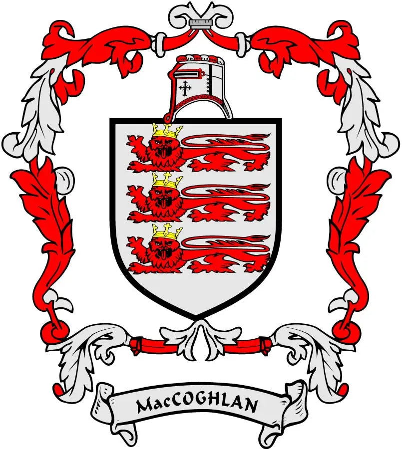 MacCoghlan family crest coat of arms magnet with shield, red lions, and banner