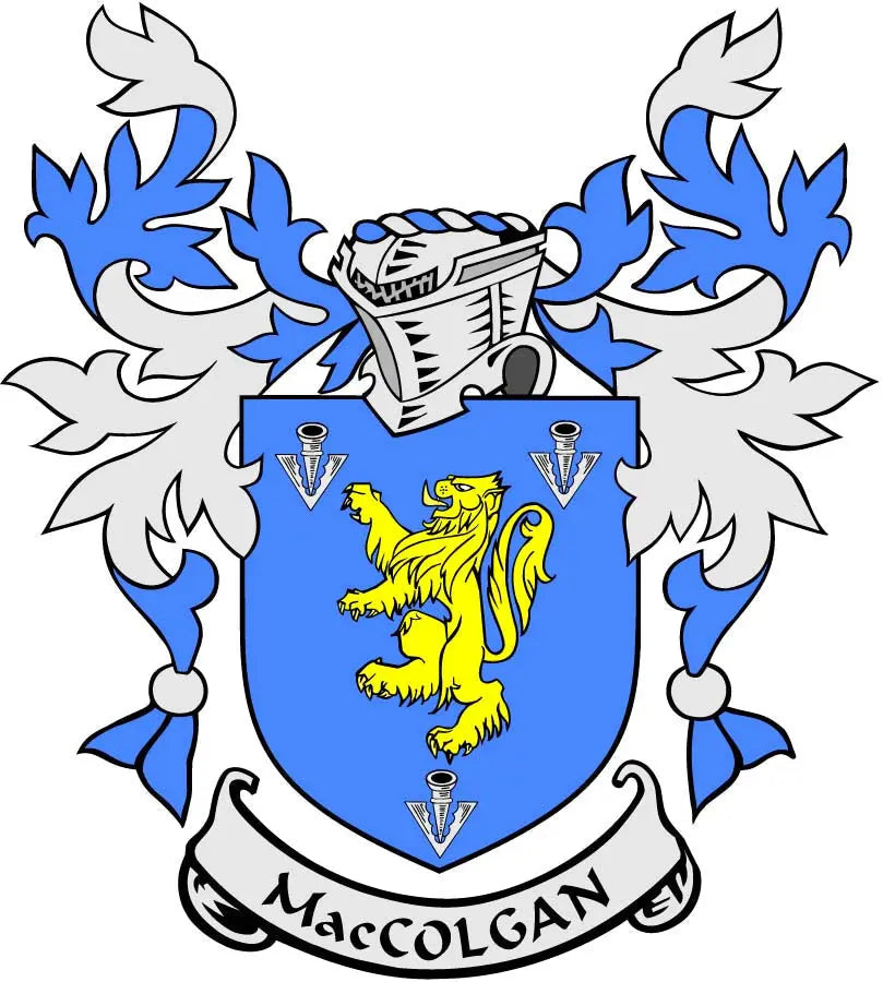 Family crest coat of arms magnet with blue shield, yellow lion and scroll banner