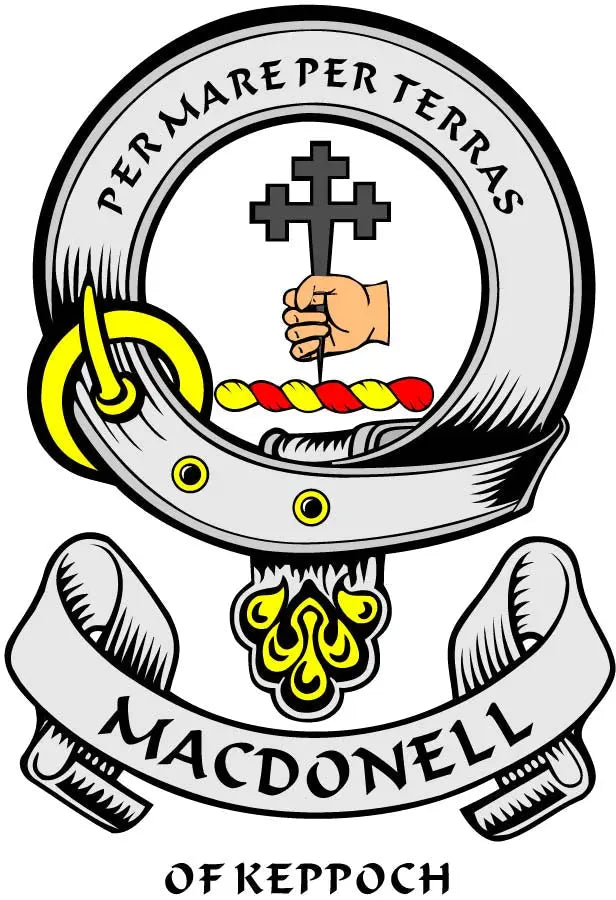 Round MacDonell coat of arms magnet with helmet crest, cross, and banner