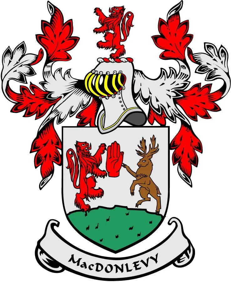 MacDonlevy family crest coat arms magnet with red lion and green shield, 3-inch