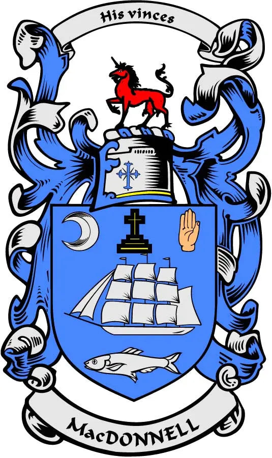 Heraldic family crest arms magnet with blue shield, ship, red lion, and MacDONNELL text