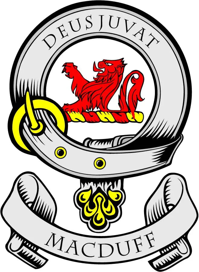 Round MacDuff family crest coat arms magnet with red lion, shield, and lettering