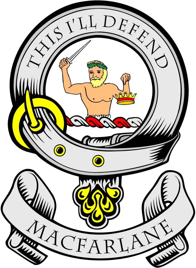 Round MacFarlane family crest arms magnet, circular design with coat and ribbon