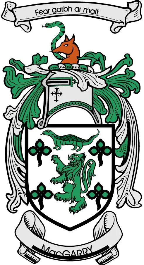 MacGarry family crest arms magnet with green heraldic shield and banner design