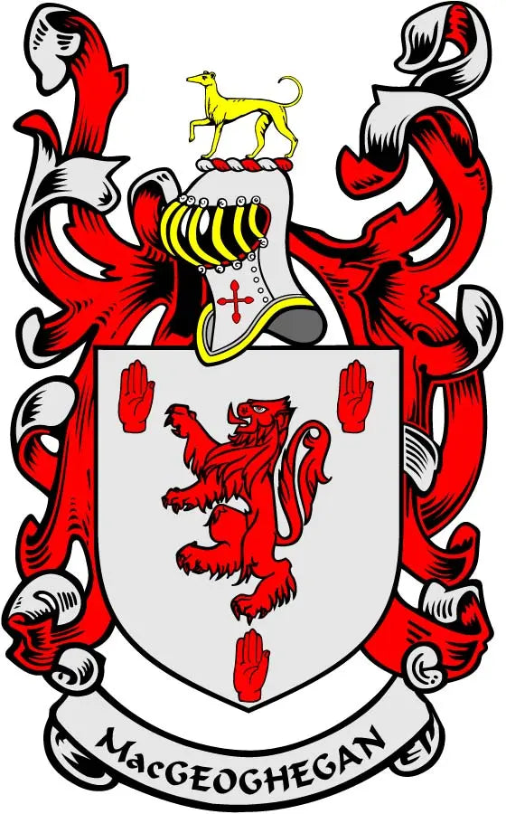 3-inch family crest magnet: red lion on white shield with red arms and ribbon