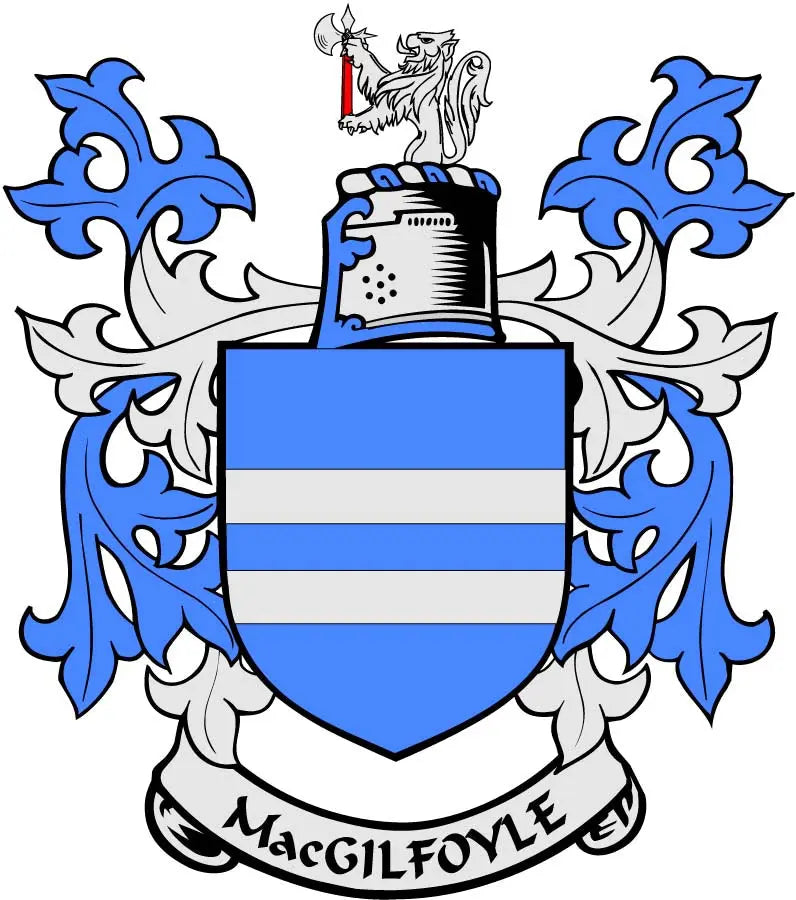 Blue and white family crest coat of arms arms magnet with shield, wings, and scroll
