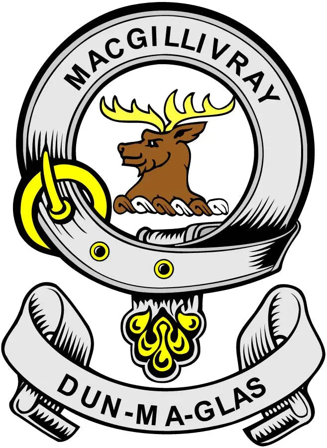 MacGillivray family crest enamel pinback with coat of arms deer and yellow details