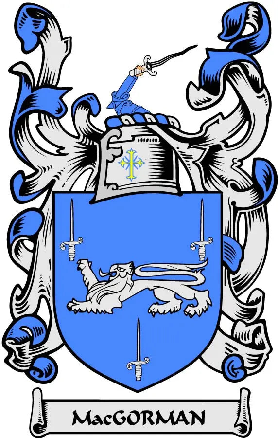 Family crest coat arms magnet with blue shield and banner reading MacGORMAN