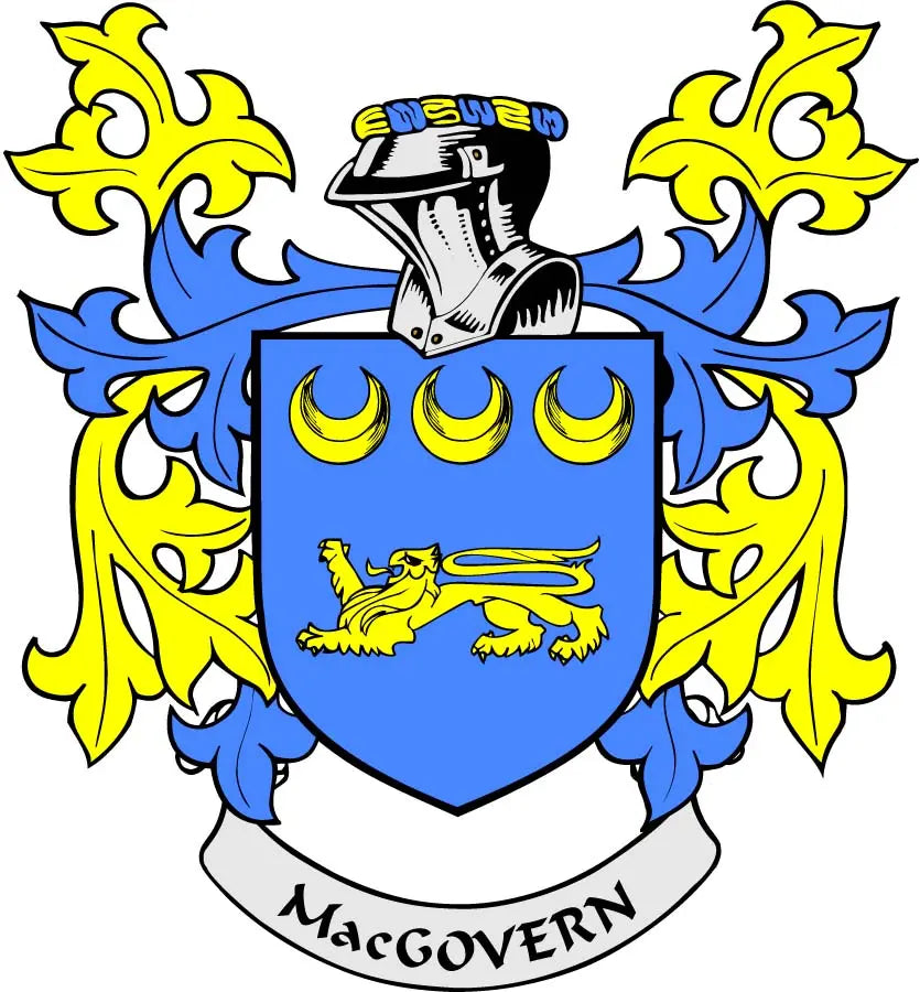 Family crest pinback with blue shield, yellow lion, MacGovern banner