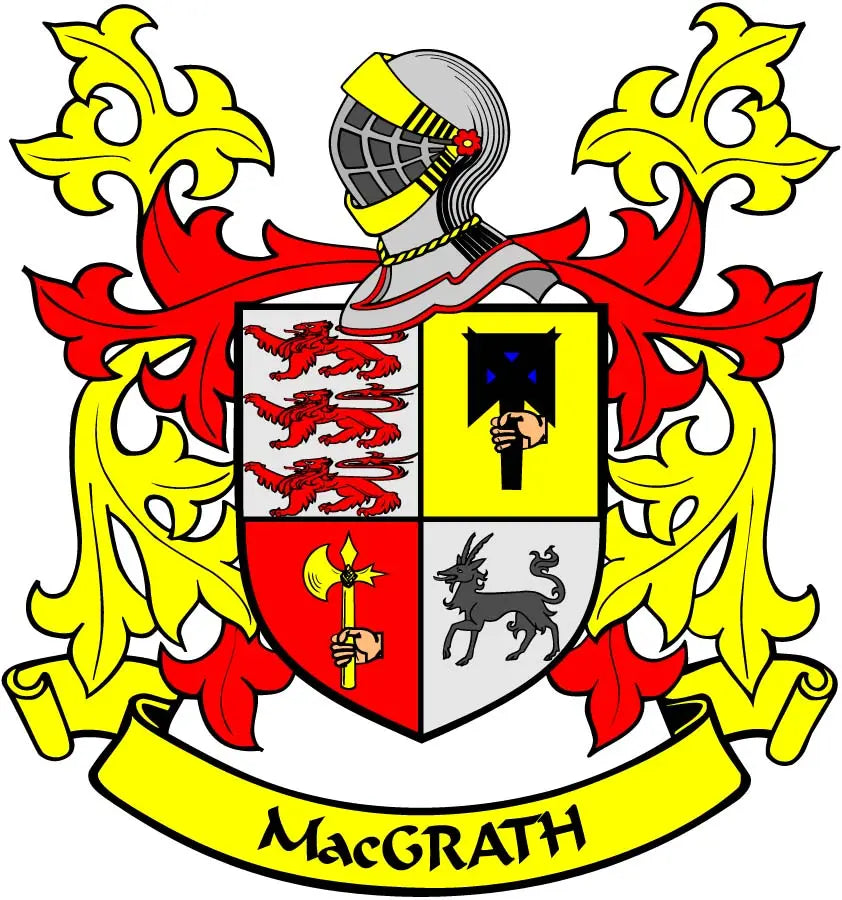 MacGrath family crest arms coat magnet: colorful heraldic shield with MacGRATH banner