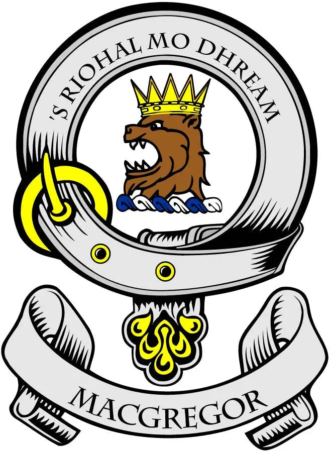 Round MacGregor coat-of-arms arms magnet with crowned lion and “MACGREGOR” banner