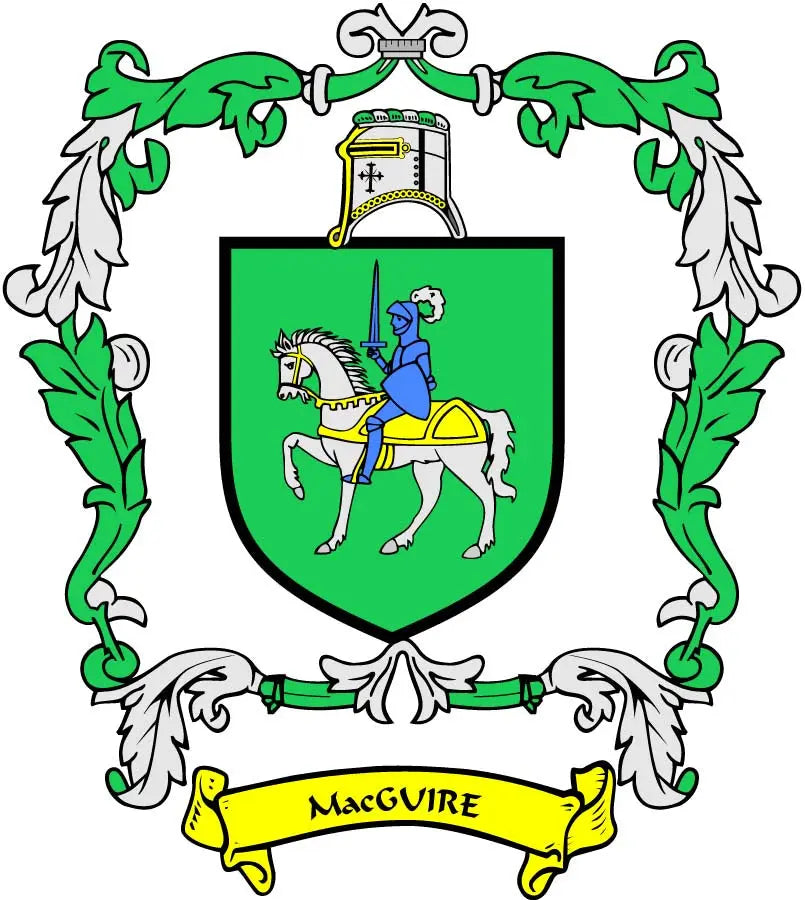 3-inch MacGuire family crest arms magnet with green shield and yellow MacGuire banner