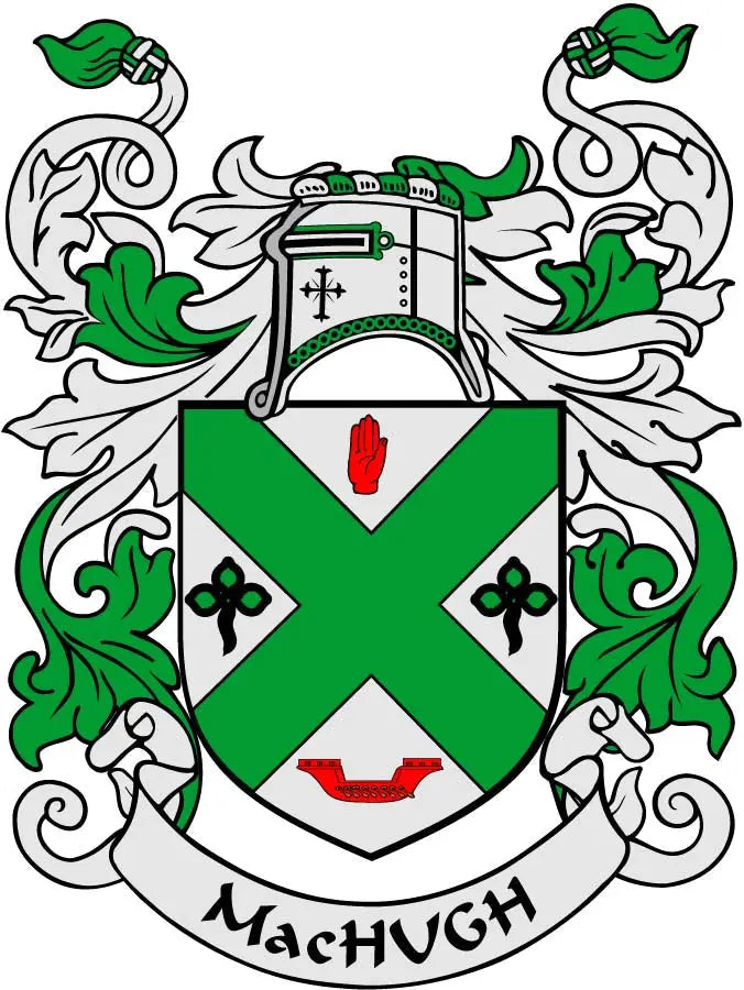 MacHugh coat of arms enamel pin with green shield crest and ribbon banner