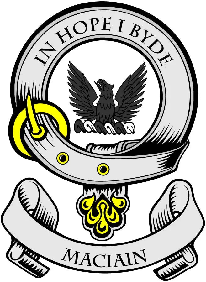 Circular family crest arms magnet with eagle and bold text, yellow and black design