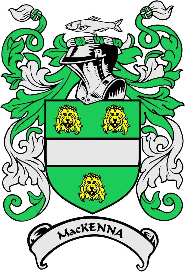 MacKenna family crest arms magnet, green shield with yellow lions and banner