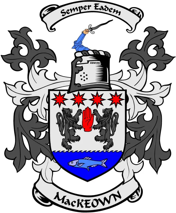 MacKeown coat of arms pinback with blue shield, red stars, black lions and red hand
