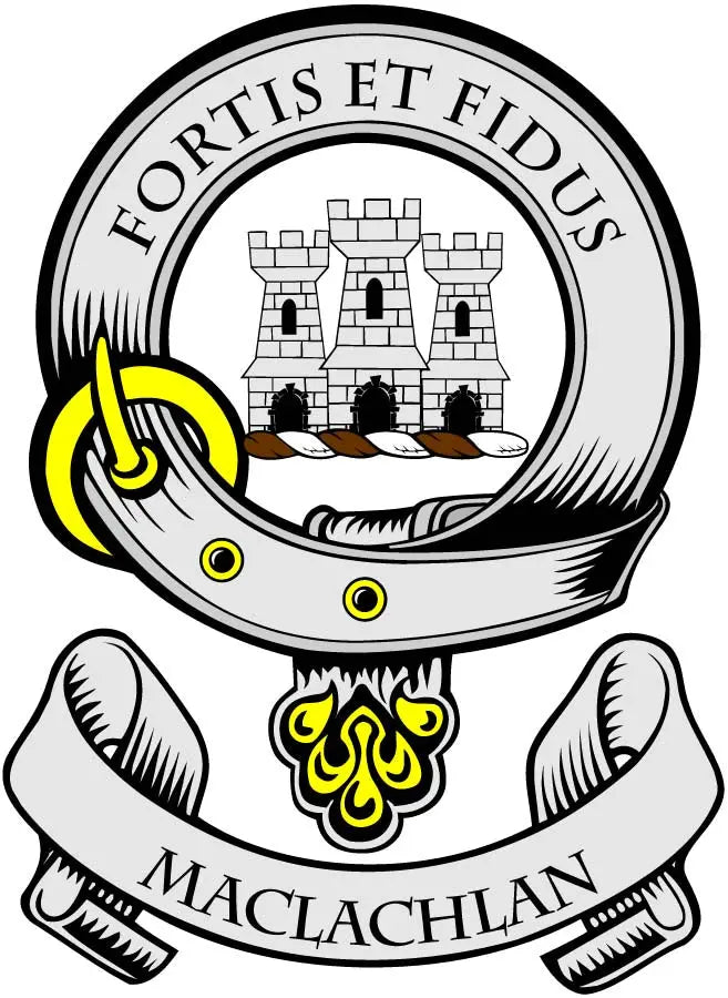 MacLachlan family crest coat arms magnet, circular design with castle and flame emblem