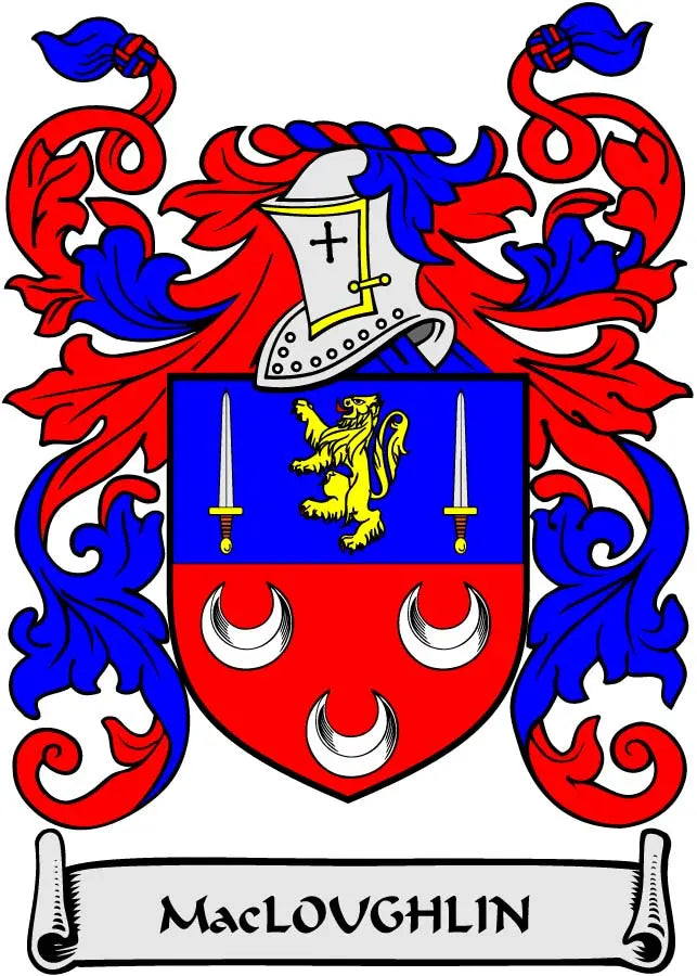 Family crest coat of arms magnet, red-blue shield with lion, cross, and MacLOUGHHLIN scroll.