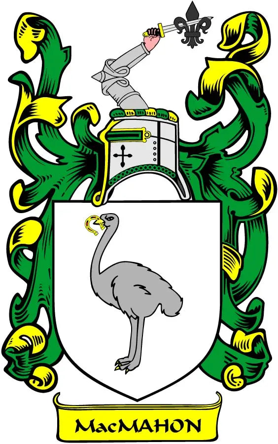 Family crest arms magnet with shield, heraldic birds, and “MacMahon” name